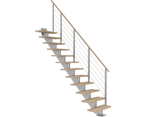 Pertura Escalier à limon central Alena gris perle droit 75 cm balustrade chêne blanc huilé 12 marches / 13 pas de marche