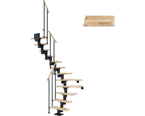 Escalier à limon central Pertura Spiros anthracite 65 cm garde-corps à barres verticales hêtre bois lamellé-collé vernis 12 marches 13 pas de marche