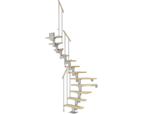 Escalier à limon central Pertura Spiros gris perle 75 cm garde-corps à barres verticales érable bois lamellé-collé vernis 12 marches 13 pas de marche