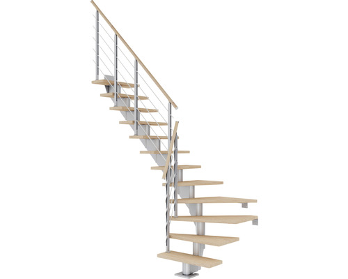 Pertura Escalier à limon central Alena gris perle 1/4 spirale bas gauche/droite 75 cm balustrade chêne blanc huilé 13 marches / 14 pas de marche