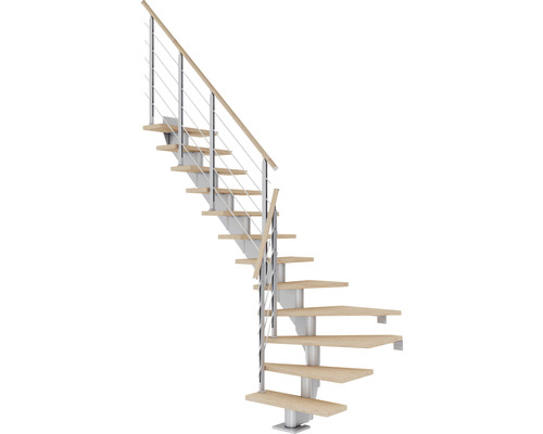 Escalier à limon central Pertura Alena gris perle 75 cm garde-corps à barres horizontales chêne bois lamellé-collé huilé 14 marches 15 pas de marche