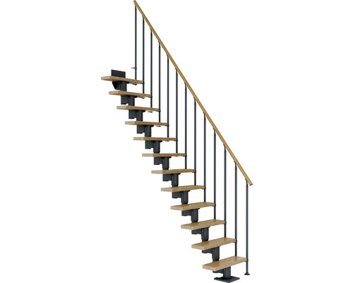 Escalier à limon central Pertura Spiros anthracite 65 cm garde-corps à barres verticales chêne vernis 11 marches 12 pas de marche