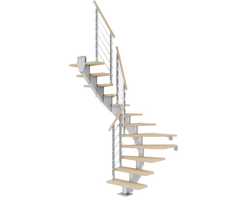 Pertura Escalier à limon central Alena gris perle 1/2 spirale bas gauche/droite 75 cm balustrade chêne blanc huilé 13 marches / 14 pas de marche