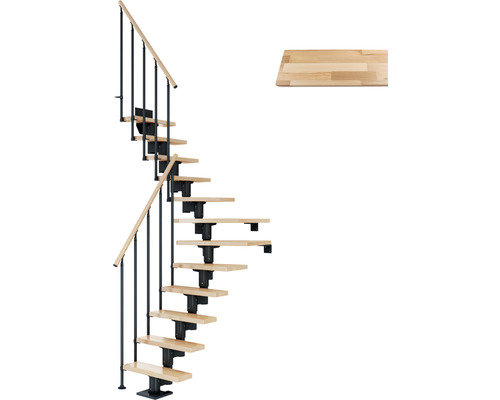 Escalier à limon central Pertura Spiros anthracite 75 cm garde-corps à barres verticales hêtre bois lamellé-collé vernis 12 marches 13 pas de marche Escalier gain de place avec marches en bois et rampe