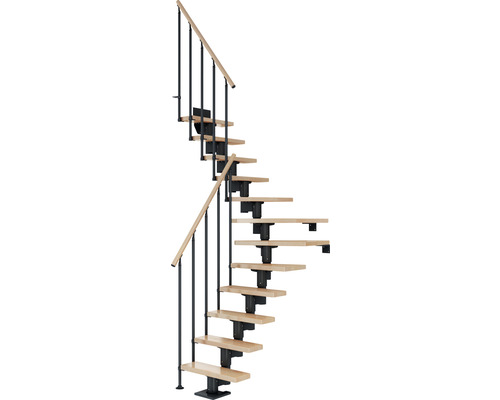 Escalier à limon central Pertura Spiros anthracite 75 cm garde-corps à barres verticales hêtre bois lamellé-collé vernis 14 marches 15 pas de marche