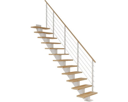 Escalier à limon central Pertura Alena blanc 75 cm garde-corps à barres horizontales bois de hêtre lamellé-collé huilé 12 marches/13 pas de marche