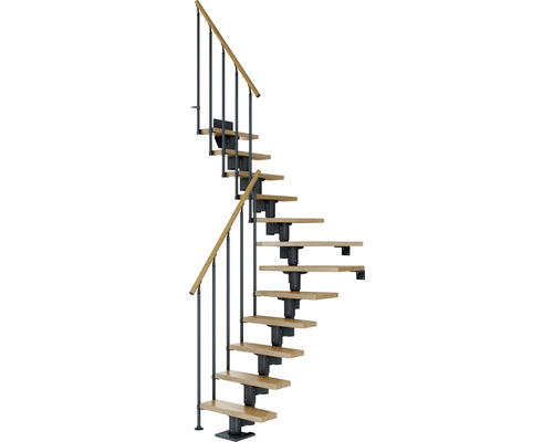 Pertura Mittelholmtreppe Spiros Anthrazit 1/4 gewendelt unten links/rechts 65 cm Stabgeländer Eiche Lackiert 11 Stufen / 12 Steigungen