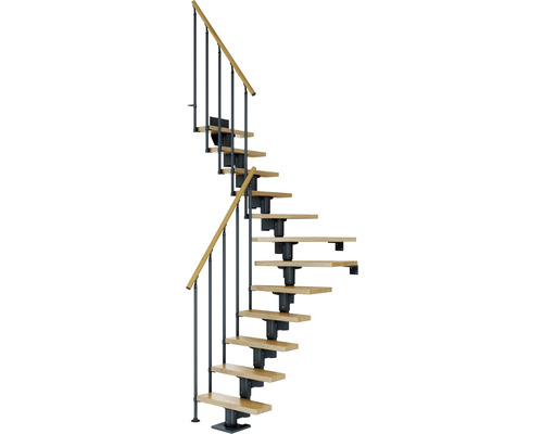 Escalier à limon central Pertura Spiros anthracite 75 cm garde-corps à barres verticales chêne vernis 11 marches 12 pas de marche