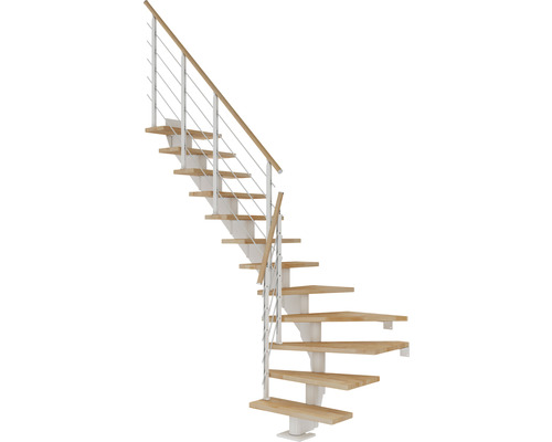 Escalier à limon central Pertura Alena blanc 75 cm garde-corps à barres horizontales hêtre bois lamellé-collé huilé 14 marches 15 pas de marche Escalier avec marches en bois et garde-corps avec barreaux métalliques