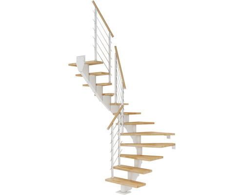 Escalier à limon central Pertura Alena blanc 75 cm garde-corps à barres horizontales hêtre bois lamellé-collé huilé 11 marches 12 pas de marche