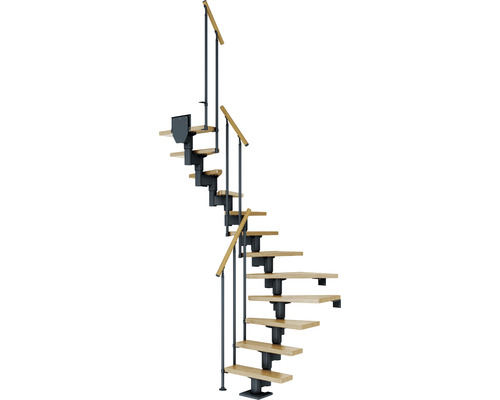 Escalier à limon central Pertura Spiros anthracite 65 cm garde-corps à barres verticales chêne vernis 11 marches 12 pas de marche