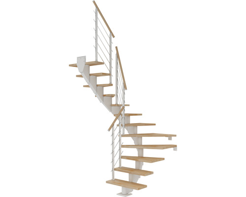 Escalier à limon central Pertura Alena blanc 75 cm garde-corps à barres horizontales hêtre bois lamellé-collé huilé 13 marches 14 pas de marche