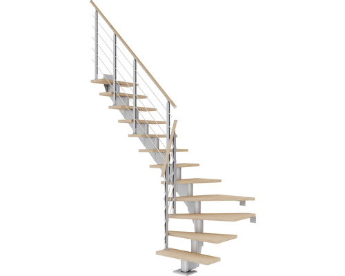 Escalier à limon central Pertura Alena gris perle 75 cm garde-corps à barres horizontales chêne bois lamellé-collé huilé 12 marches 13 pas de marche