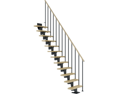 Escalier à limon central Pertura Spiros anthracite 65 cm garde-corps à barres verticales érable bois lamellé-collé vernis 11 marches 12 pas de marche