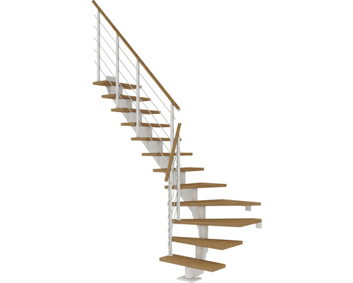 Escalier à limon central Pertura Alena blanc 75 cm garde-corps à barres horizontales chêne huilé 13 marches 14 pas de marche