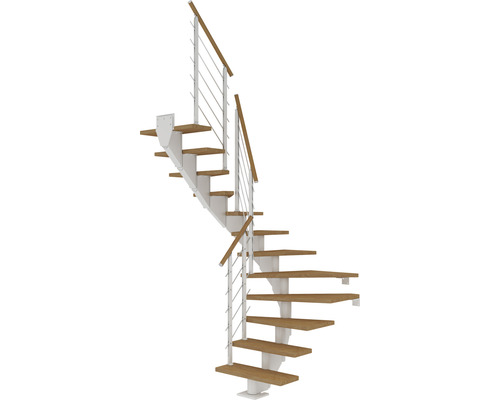 Escalier à limon central Pertura Alena blanc 75 cm garde-corps à barres horizontales chêne bois lamellé-collé huilé 12 marches 13 pas de marche