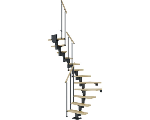 Escalier à limon central Pertura Spiros anthracite 65 cm garde-corps à barres verticales érable bois lamellé-collé vernis 11 marches 12 pas de marche
