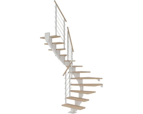 Escalier à limon central Pertura Alena blanc 75 cm garde-corps à barres horizontales chêne huilé 13 marches 14 pas de marche