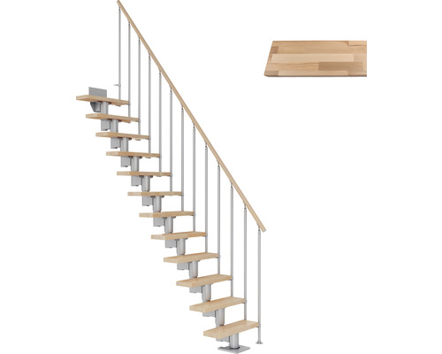 Escalier à limon central Pertura Spiros gris perle 75 cm garde-corps à barres verticales hêtre bois lamellé-collé vernis 11 marches 12 pas de marche