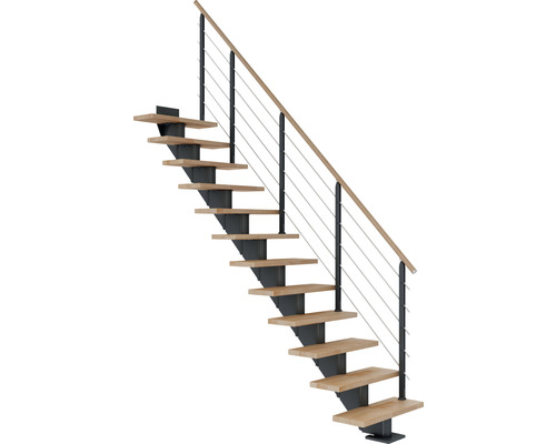 Escalier à limon central Pertura Alena anthracite 75 cm garde-corps à barres horizontales bois de hêtre lamellé-collé huilé 12 marches/13 pas de marche