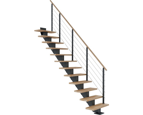 Escalier à limon central Pertura Alena anthracite 75 cm garde-corps à barres horizontales bois de hêtre lamellé-collé huilé 14 marches/15 pas de marche