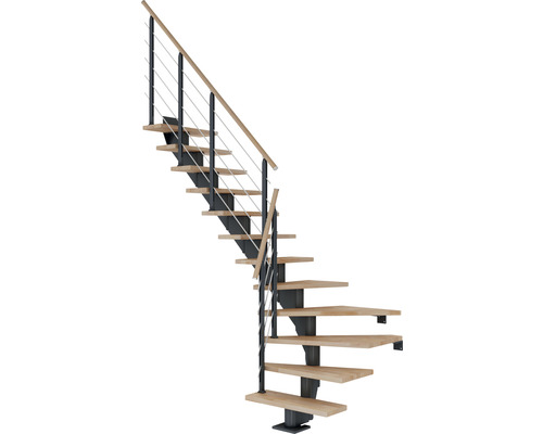 Escalier à limon central Pertura Alena anthracite 75 cm garde-corps à barres horizontales hêtre bois lamellé-collé huilé 13 marches 14 pas de marche Escalier en colimaçon avec marches en bois et rampe