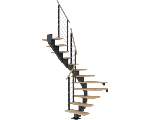 Escalier à limon central Pertura Alena anthracite 75 cm garde-corps à barres horizontales hêtre bois lamellé-collé huilé 12 marches 13 pas de marche