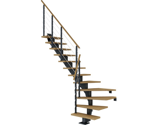 Escalier à limon central Pertura Alena anthracite 75 cm garde-corps à barres horizontales chêne huilé 11 marches 12 pas de marche