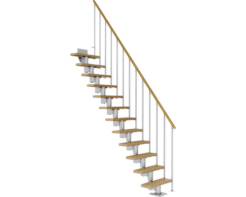Escalier à limon central Pertura Spiros gris perle 75 cm garde-corps à barres verticales chêne vernis 11 marches 12 pas de marche