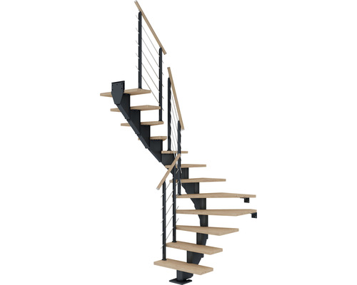 Pertura Escalier à limon central Alena anthracite 1/2 spirale bas gauche/droite 75 cm balustrade chêne blanc huilé 12 marches / 13 pas de marche