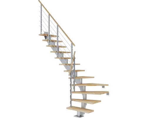 Escalier à limon central Pertura Alena gris perle 85 cm garde-corps à barres horizontales hêtre bois lamellé-collé huilé 12 marches 13 pas de marche