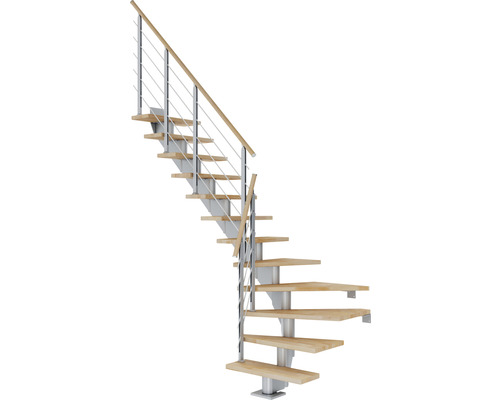 Escalier à limon central Pertura Alena gris perle 85 cm garde-corps à barres horizontales hêtre bois lamellé-collé huilé 13 marches 14 pas de marche Escalier en colimaçon avec marches en bois et rampe en métal