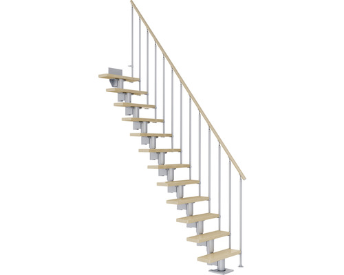 Pertura Mittelholmtreppe Spiros Perlgrau 75 cm Stabgeländer Ahorn Leimholz Lackiert 11 Stufen 12 Steigungen