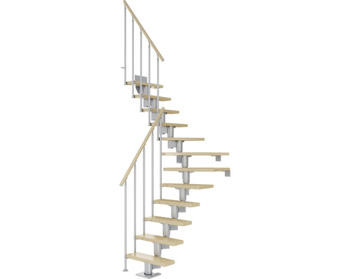 Escalier à limon central Pertura Spiros gris perle 75 cm garde-corps à barres verticales érable bois lamellé-collé vernis 11 marches 12 pas de marche