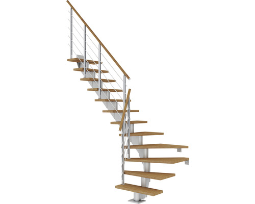 Escalier à limon central Pertura Alena gris perle 85 cm garde-corps à barres horizontales chêne huilé 13 marches 14 pas de marche Escalier en colimaçon avec marches en bois et rambarde en métal