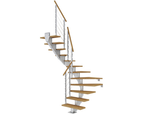 Escalier à limon central Pertura Alena gris perle 85 cm garde-corps à barres horizontales chêne bois lamellé-collé huilé 12 marches 13 pas de marche