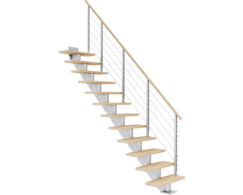 Escalier à limon central Pertura Alena gris perle 85 cm garde-corps à barres horizontales chêne huilé 14 marches/15 pas de marche