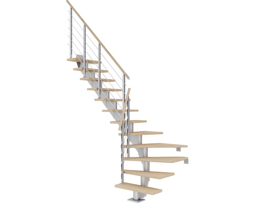 Pertura Escalier à limon central Alena gris perle 1/4 spirale bas gauche/droite 85 cm balustrade chêne blanc huilé 11 marches / 12 pas de marche