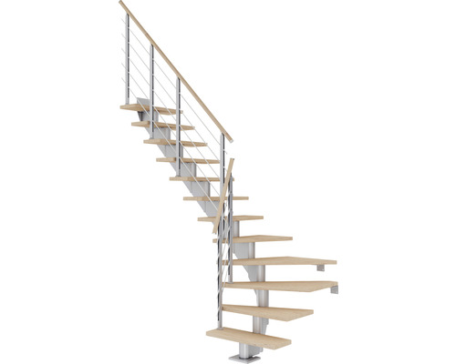 Escalier à limon central Pertura Alena gris perle 85 cm garde-corps à barres horizontales chêne bois lamellé-collé huilé 13 marches 14 pas de marche Escalier gain de place avec marches en bois et rampe en acier inoxydable