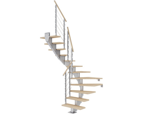 Pertura Escalier à limon central Alena gris perle 1/2 spirale bas gauche/droite 85 cm balustrade chêne blanc huilé 11 marches / 12 pas de marche