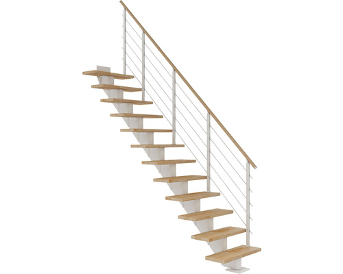 Escalier à limon central Pertura Alena blanc 85 cm garde-corps à barres horizontales hêtre bois lamellé-collé huilé 13 marches 14 pas de marche