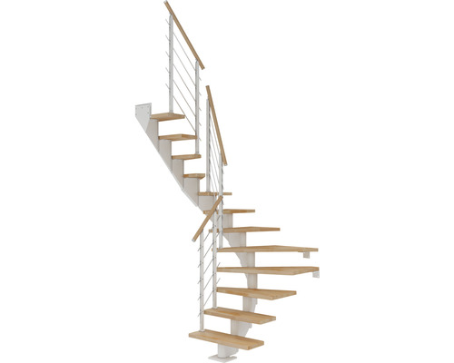 Escalier à limon central Pertura Alena blanc 85 cm garde-corps à barres horizontales hêtre bois lamellé-collé huilé 14 marches 15 pas de marche