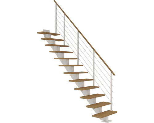 Escalier à limon central Pertura Alena blanc 85 cm garde-corps à barres horizontales chêne lamellé-collé huilé 11 marches/12 pas de marche