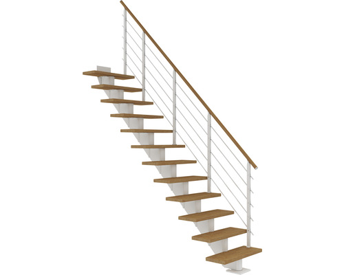 Escalier à limon central Pertura Alena blanc 85 cm garde-corps à barres horizontales chêne huilé 13 marches/14 pas de marche