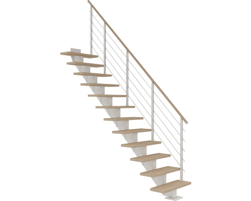 Escalier à limon central Pertura Alena blanc 85 cm garde-corps à barres horizontales chêne huilé 13 marches/14 pas de marche