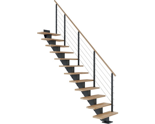 Escalier à limon central Pertura Alena anthracite 85 cm garde-corps à barres horizontales bois de hêtre lamellé-collé huilé 13 marches/14 pas de marche