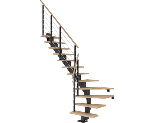 Escalier à limon central Pertura Alena anthracite 85 cm garde-corps à barres horizontales hêtre bois lamellé-collé huilé 13 marches 14 pas de marche