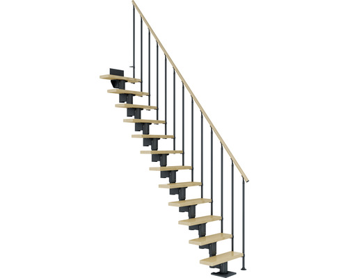 Escalier à limon central Pertura Spiros anthracite 75 cm garde-corps à barres verticales érable bois lamellé-collé vernis 12 marches 13 pas de marche