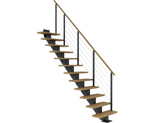 Escalier à limon central Pertura Alena anthracite 85 cm garde-corps à barres horizontales chêne lamellé-collé huilé 11 marches/12 pas de marche