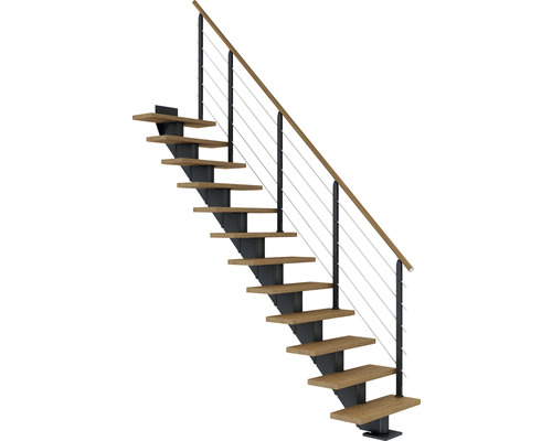 Escalier à limon central Pertura Alena anthracite 85 cm garde-corps à barres horizontales chêne lamellé-collé huilé 12 marches/13 pas de marche